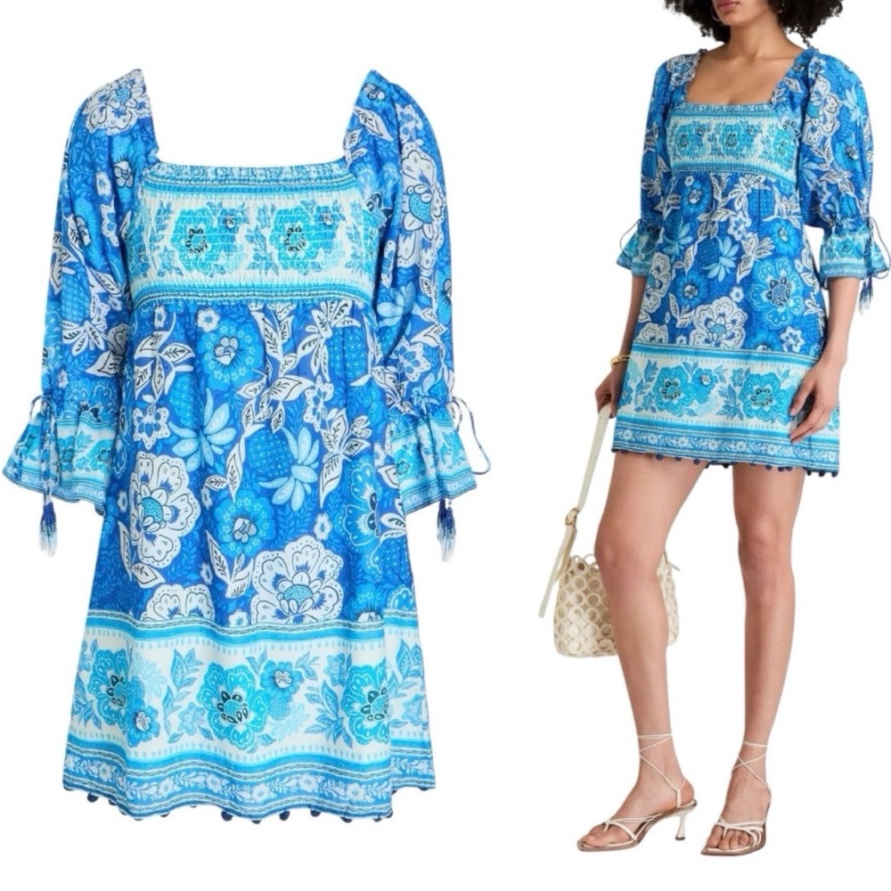 Farm Rio Full Of Flowers Smocked Tassel Mini Dress